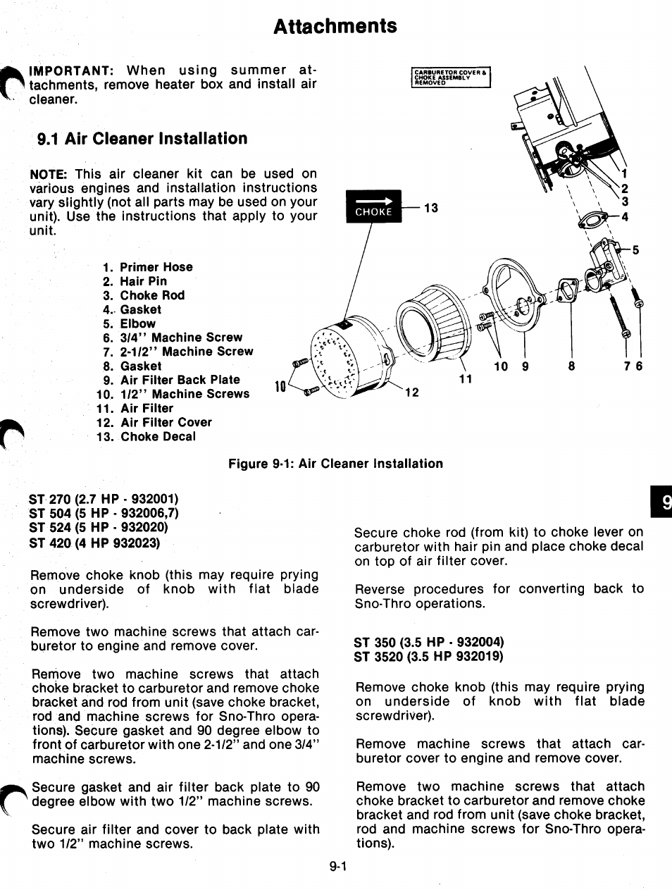 1 air cleaner installation, Air cleaner installation -1, Attachments | Ariens 932 Series User Manual | Page 52 / 61