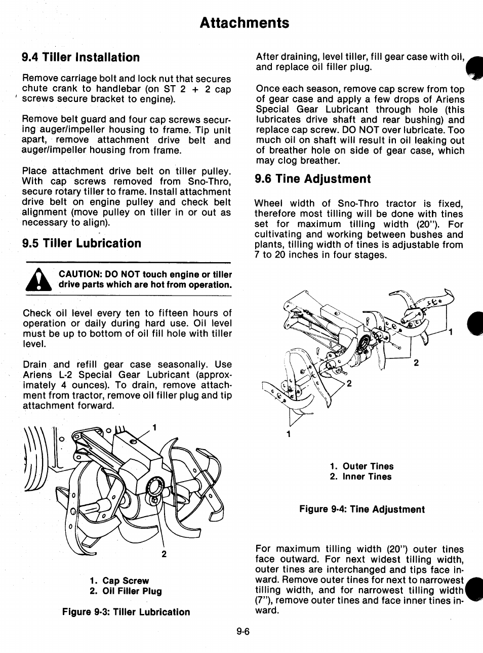 4 tiller installation, 5 tiller lubrication, 6 tine adjustment | Tiller installation -5, Tiller lubrication -5, Tine adjustment -5, Attachments | Ariens 932 Series User Manual | Page 57 / 61