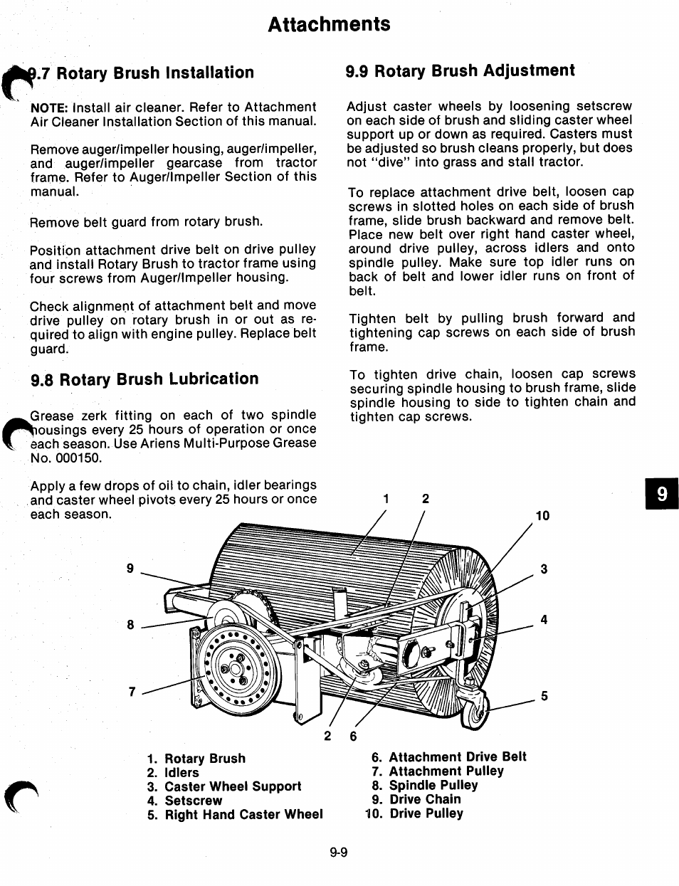 7 rotary brush installation, 8 rotary brush lubrication, 9 rotary brush adjustment | Rotary brush installation -8, Rotary brush lubrication -8, Rotary brush adjustment -8, Attachments | Ariens 932 Series User Manual | Page 60 / 61