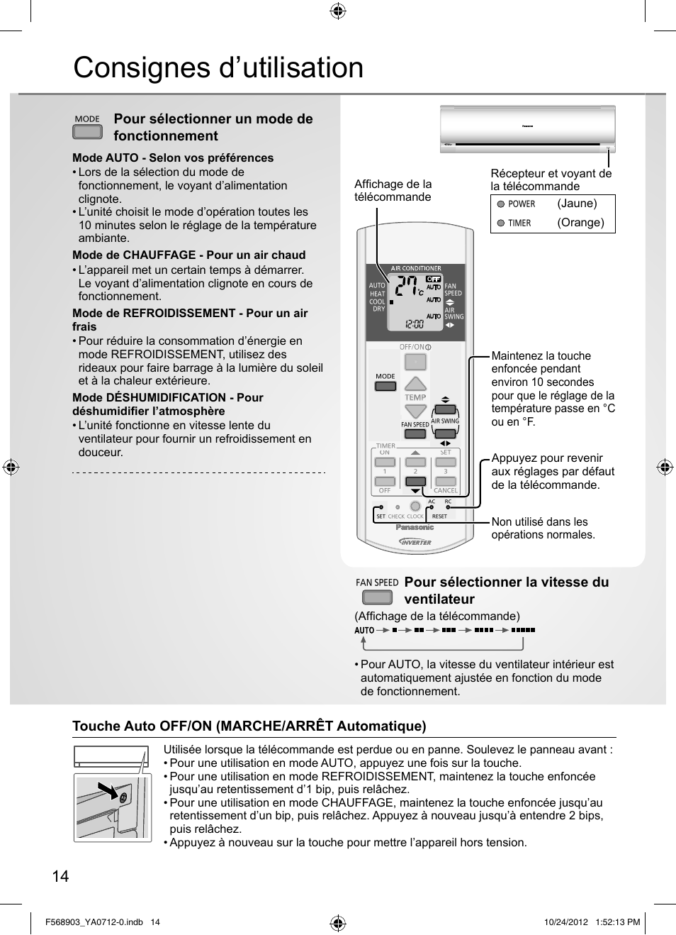 Consignes d’utilisation, Pour sélectionner la vitesse du ventilateur, Pour sélectionner un mode de fonctionnement | Touche auto off/on (marche/arrêt automatique), Affi chage de la télécommande, Jaune), Orange) | Panasonic CSRE24PKE3 User Manual | Page 14 / 52