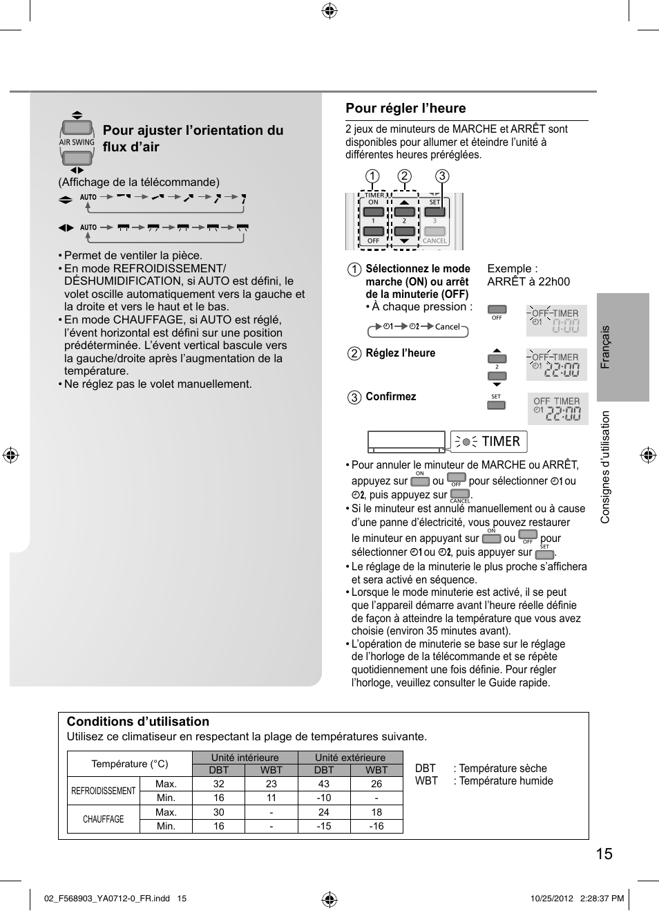 Pour ajuster l’orientation du fl ux d’air, Pour régler l’heure, Conditions d’utilisation | Timer | Panasonic CSRE24PKE3 User Manual | Page 15 / 52