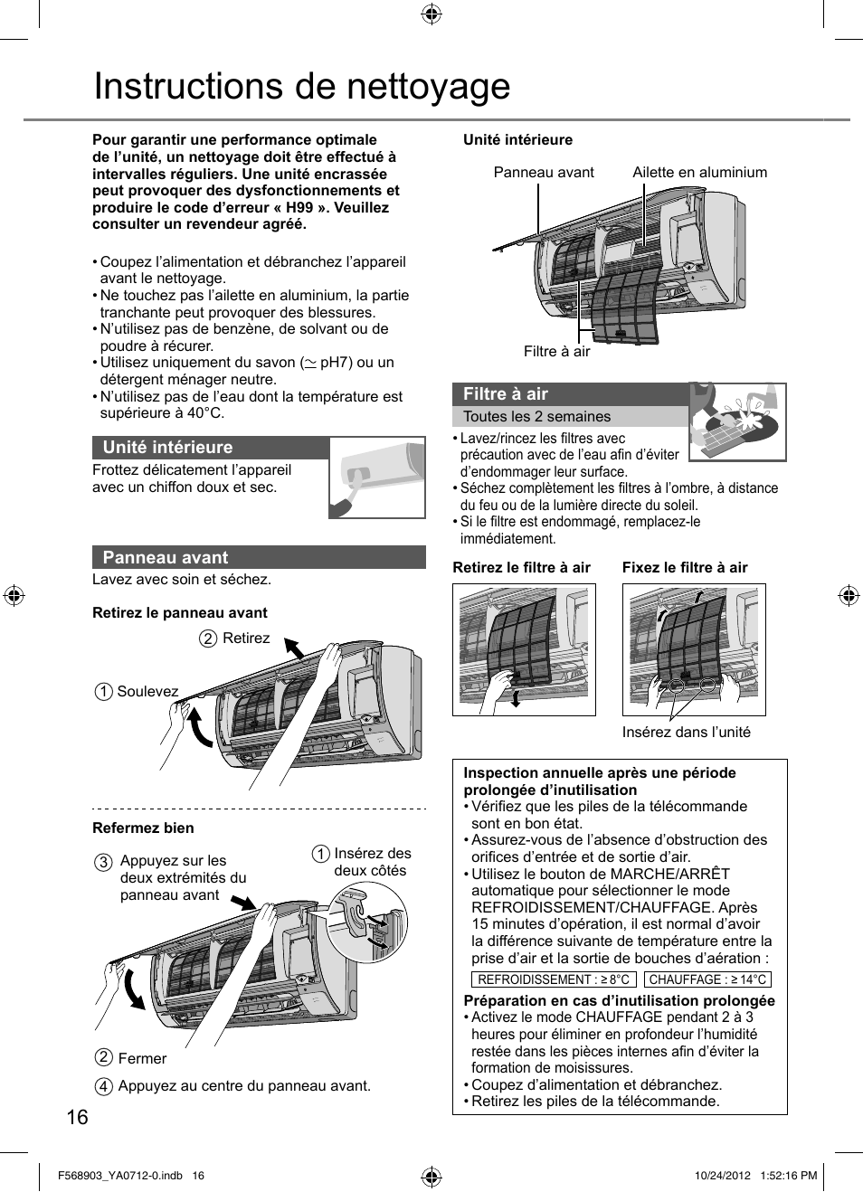 Instructions de nettoyage | Panasonic CSRE24PKE3 User Manual | Page 16 / 52