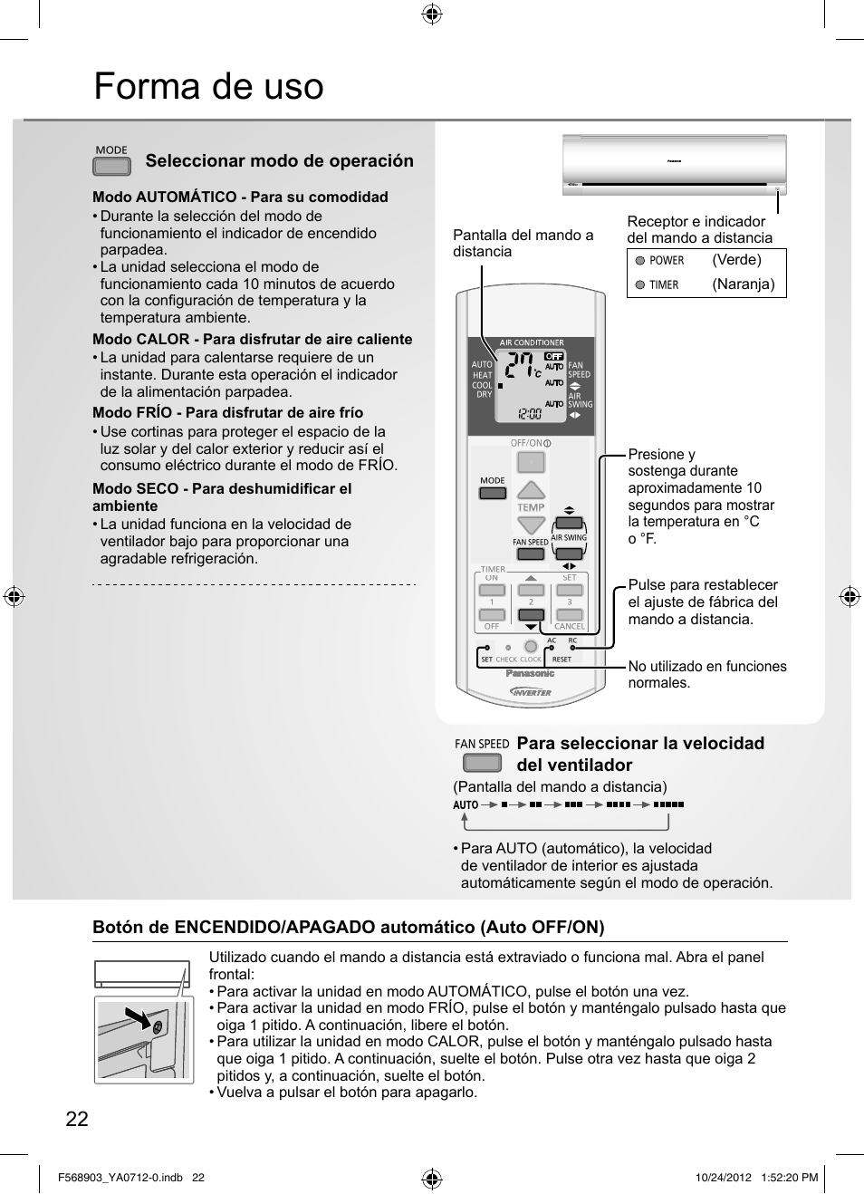 Forma de uso, Para seleccionar la velocidad del ventilador, Seleccionar modo de operación | Pantalla del mando a distancia, Verde), Naranja) | Panasonic CSRE24PKE3 User Manual | Page 22 / 52