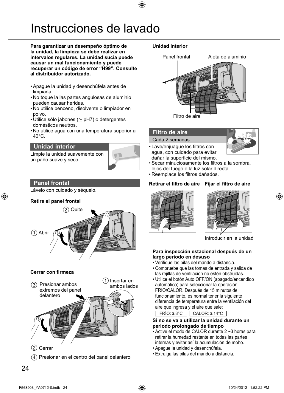 Instrucciones de lavado | Panasonic CSRE24PKE3 User Manual | Page 24 / 52