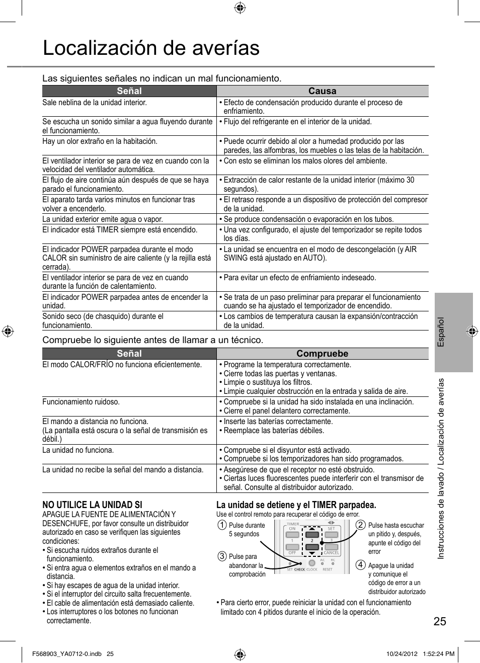 Localización de averías, No utilice la unidad si, La unidad se detiene y el timer parpadea | Panasonic CSRE24PKE3 User Manual | Page 25 / 52