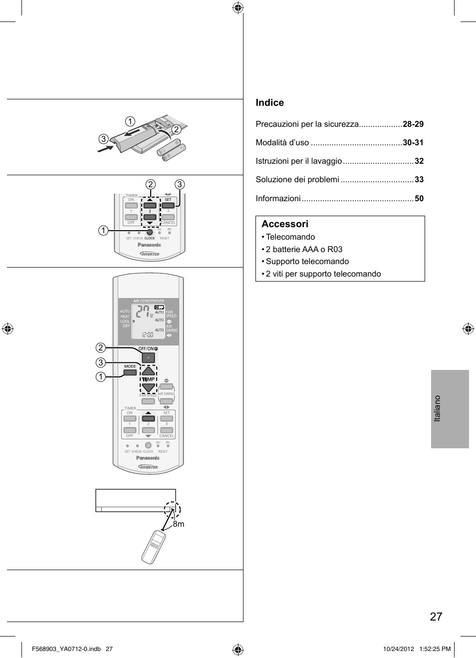 Indice, Accessori, 12 3 8m | Panasonic CSRE24PKE3 User Manual | Page 27 / 52