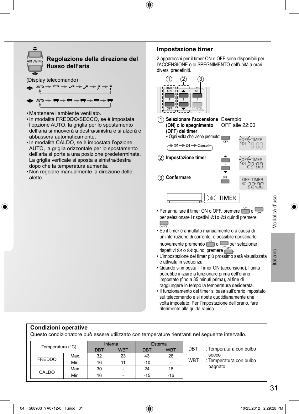 Regolazione della direzione del fl usso dell’aria, Impostazione timer, Condizioni operative | Timer | Panasonic CSRE24PKE3 User Manual | Page 31 / 52