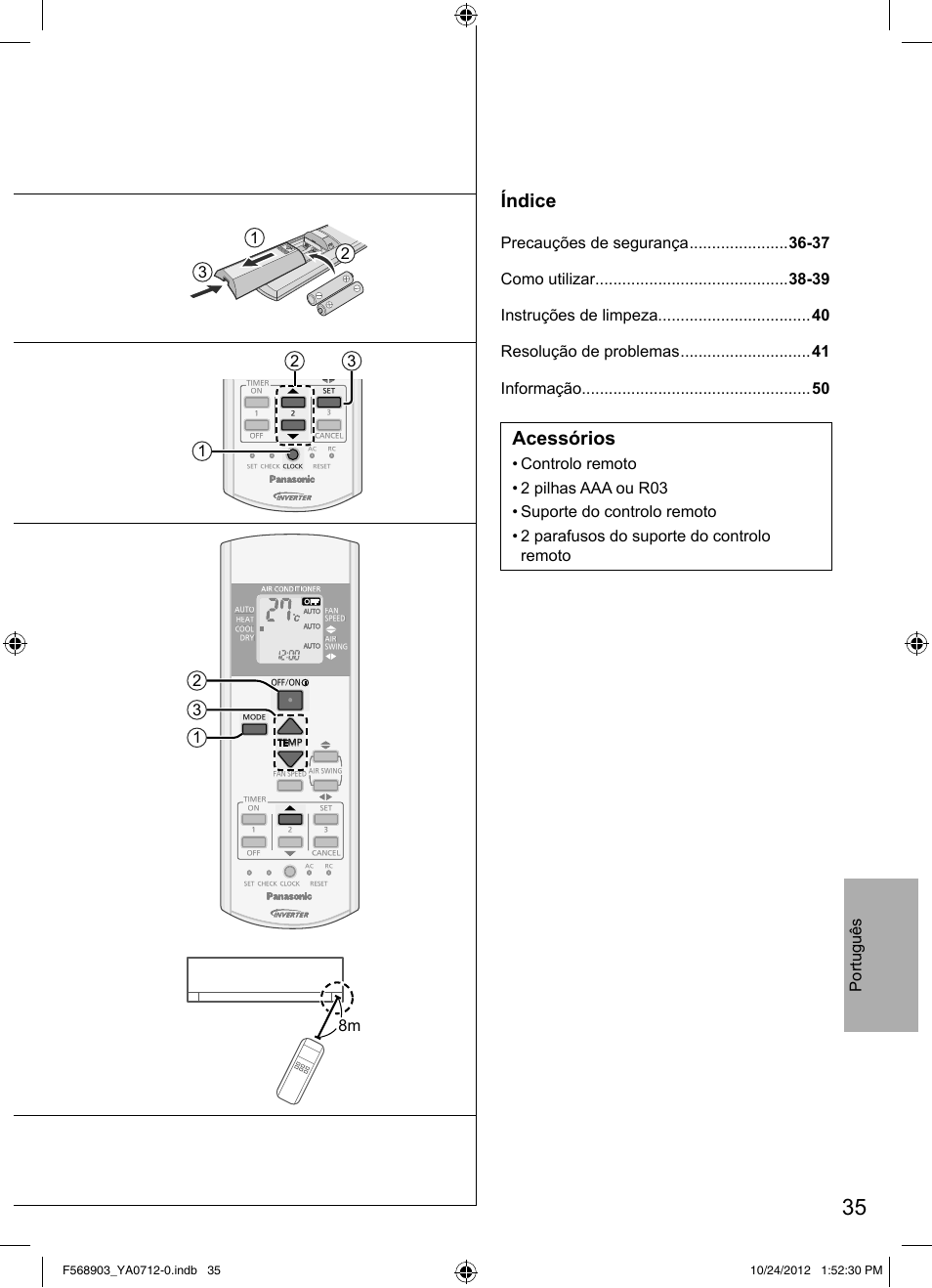 Índice, Acessórios, 12 3 8m | Panasonic CSRE24PKE3 User Manual | Page 35 / 52
