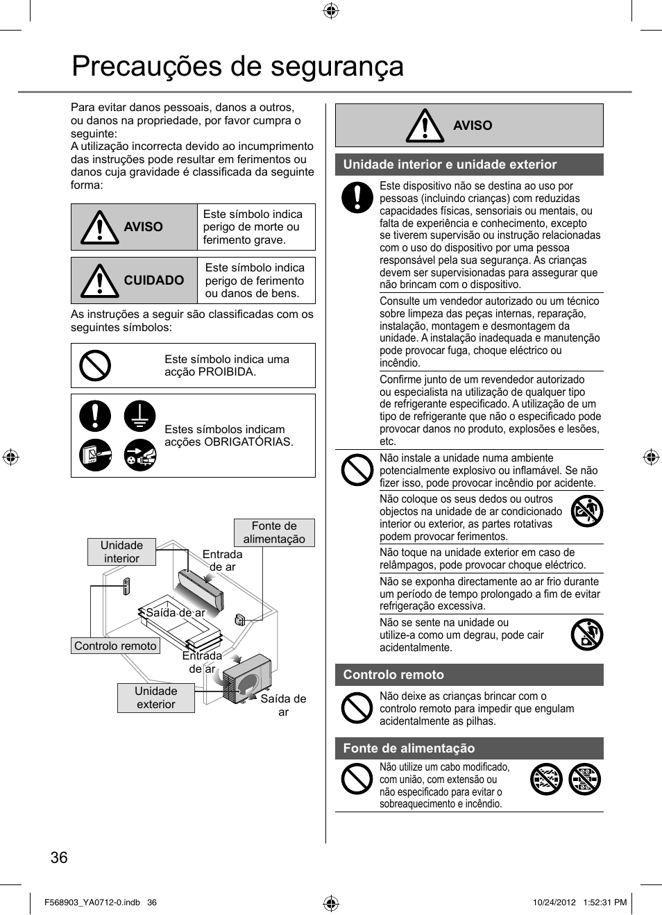 Precauções de segurança | Panasonic CSRE24PKE3 User Manual | Page 36 / 52