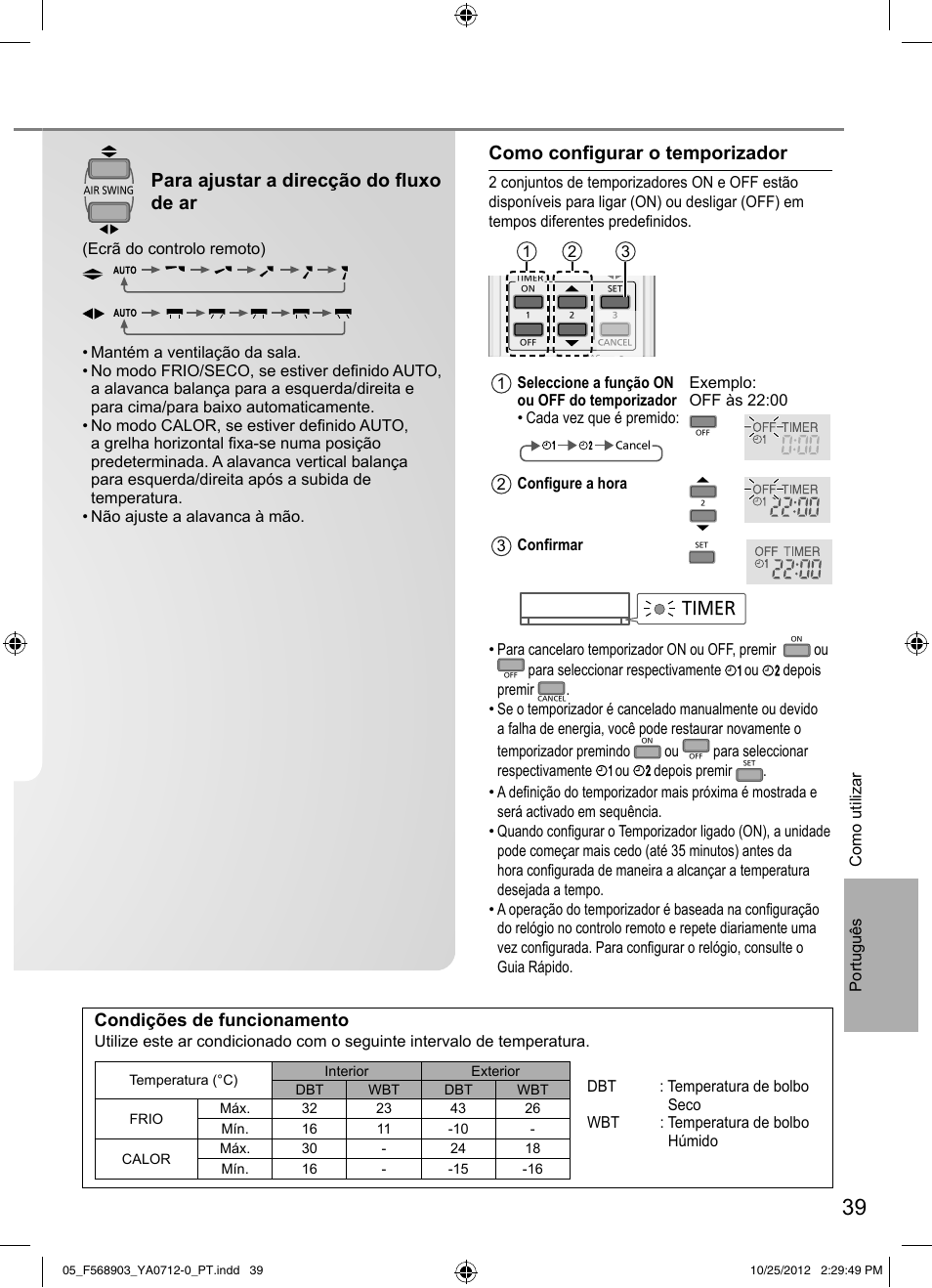 Para ajustar a direcção do fl uxo de ar, Como confi gurar o temporizador, Condições de funcionamento | Timer | Panasonic CSRE24PKE3 User Manual | Page 39 / 52