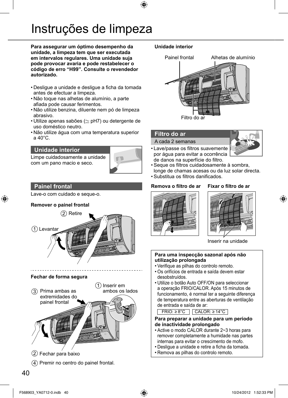 Instruções de limpeza | Panasonic CSRE24PKE3 User Manual | Page 40 / 52