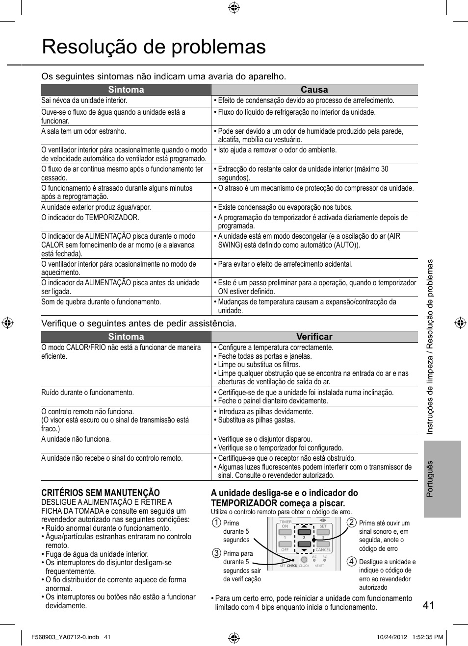 Resolução de problemas, Critérios sem manutenção | Panasonic CSRE24PKE3 User Manual | Page 41 / 52