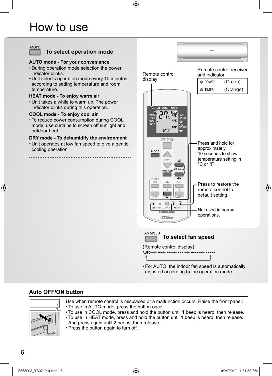 How to use, Auto off/on button, Remote control display | Green), Orange) | Panasonic CSRE24PKE3 User Manual | Page 6 / 52