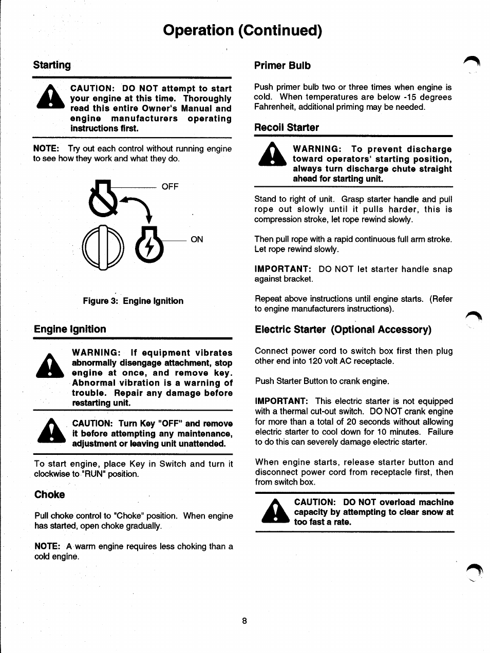 Starting, Engine ignition, Choke | Primer bulb, Recoil starter, Electric starter (optional accessory), Operation (continued) | Ariens SNO-THRO 937 User Manual | Page 10 / 17