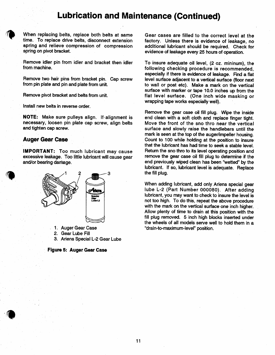 Lubrication and maintenance (continued), Auger gear case | Ariens SNO-THRO 937 User Manual | Page 13 / 17