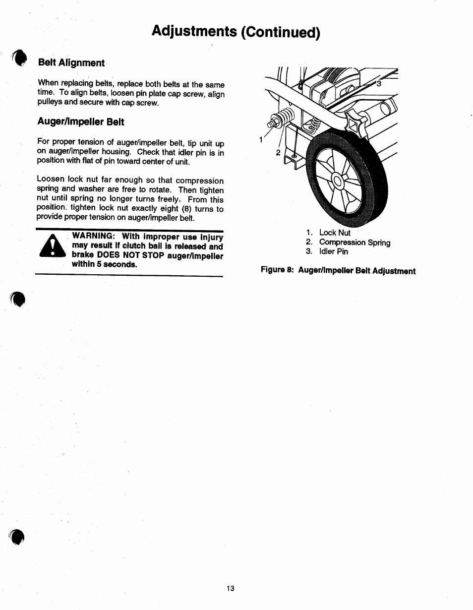 Belt alignment, Auger/impeller belt, Adjustments (continued) | Ariens SNO-THRO 937 User Manual | Page 15 / 17