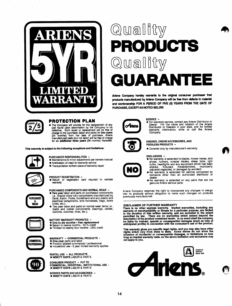 Products, Guarantee, Onrkns | Products guarantee, Leviited warranty | Ariens SNO-THRO 937 User Manual | Page 16 / 17