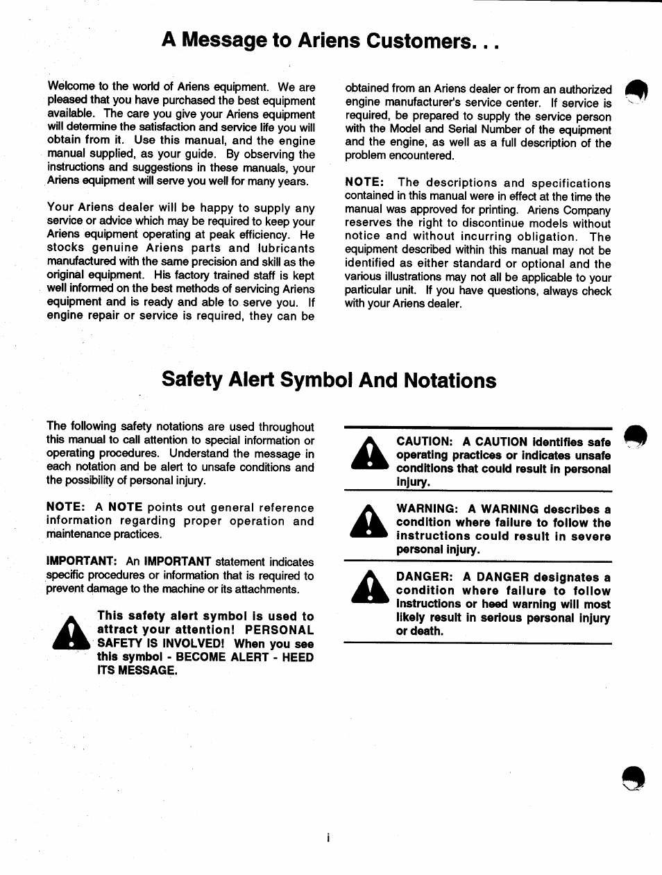 Safety alert symbol and notations, A message to ariens customers | Ariens SNO-THRO 937 User Manual | Page 2 / 17