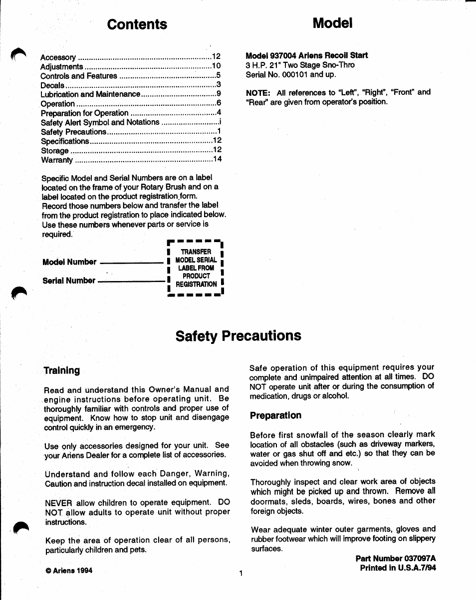 Safety precautions, Training, Preparation | Contents model | Ariens SNO-THRO 937 User Manual | Page 3 / 17