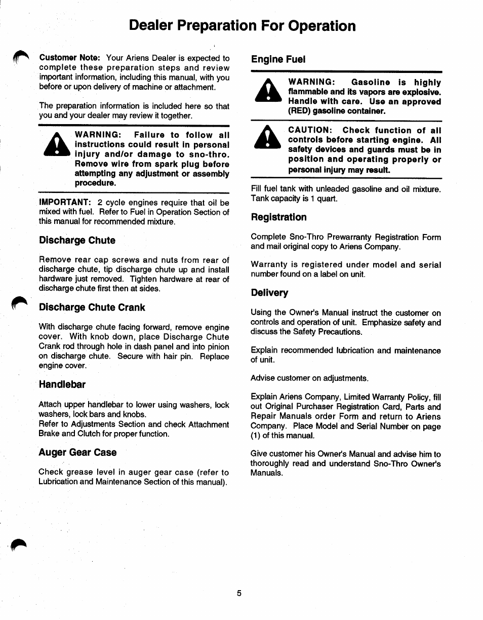 Engine fuel, Discharge chute, Discharge chute crank | Handlebar, Auger gear case, Registration, Delivery, Dealer preparation for operation | Ariens SNO-THRO 937 User Manual | Page 7 / 17