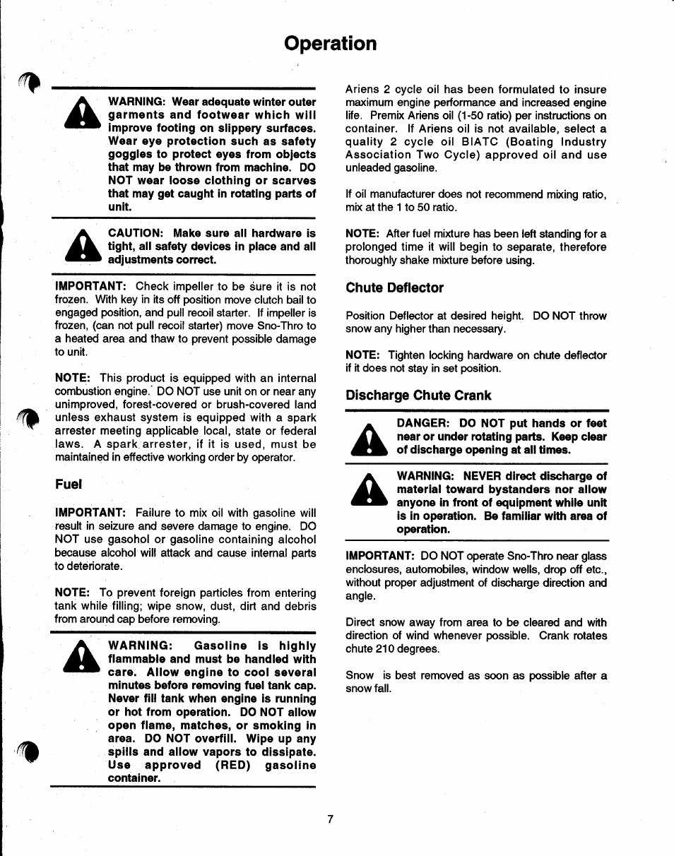 Operation, Fuel, Chute deflector | Discharge chute crank | Ariens SNO-THRO 937 User Manual | Page 9 / 17