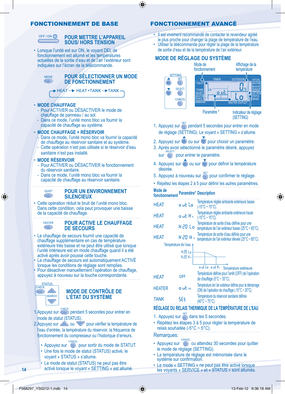 Fonctionnement de base, Pour mettre l’appareil sous/ hors tension, Pour sélectionner un mode de fonctionnement | Pour un environnement silencieux, Pour active le chauffage de secours, Mode de contrôle de l’état du système, Mode de réglage du système, Remarques, Fonctionnement avancé | Panasonic WHMHF12D6E5 User Manual | Page 14 / 76