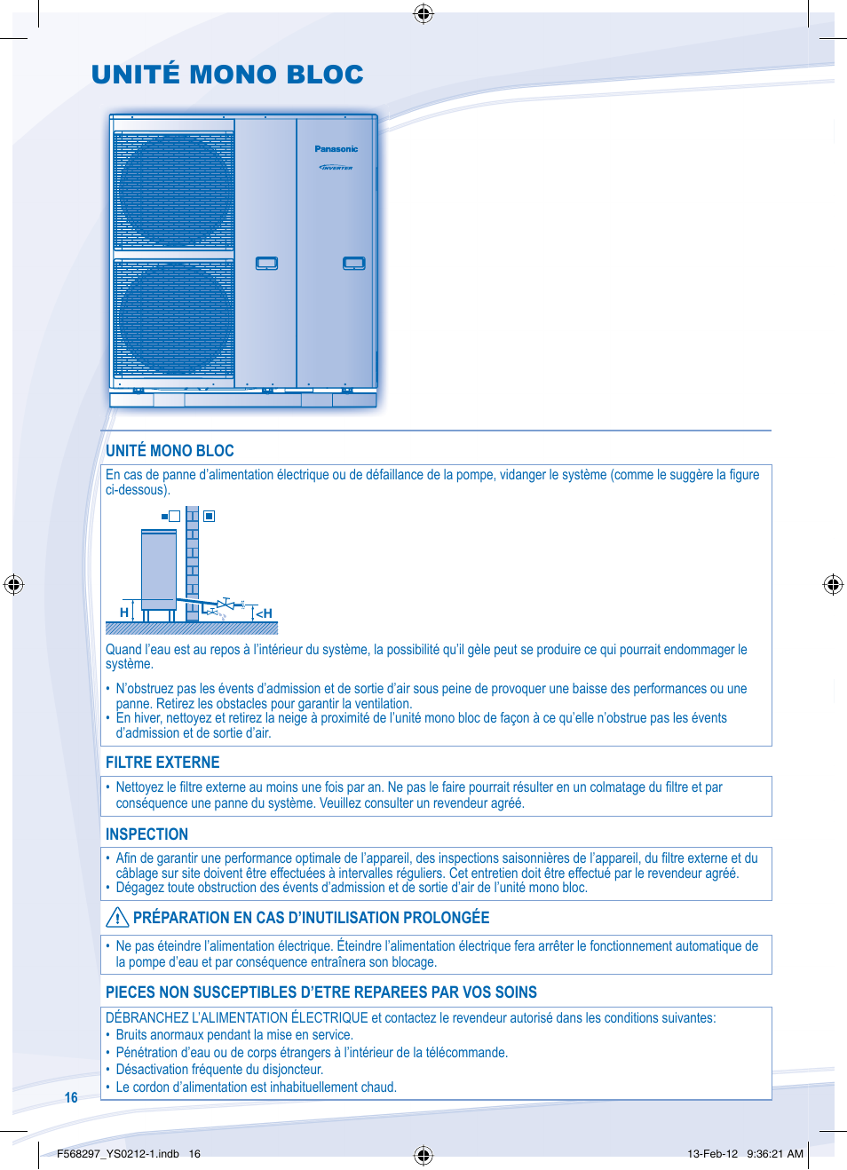 Unité mono bloc | Panasonic WHMHF12D6E5 User Manual | Page 16 / 76