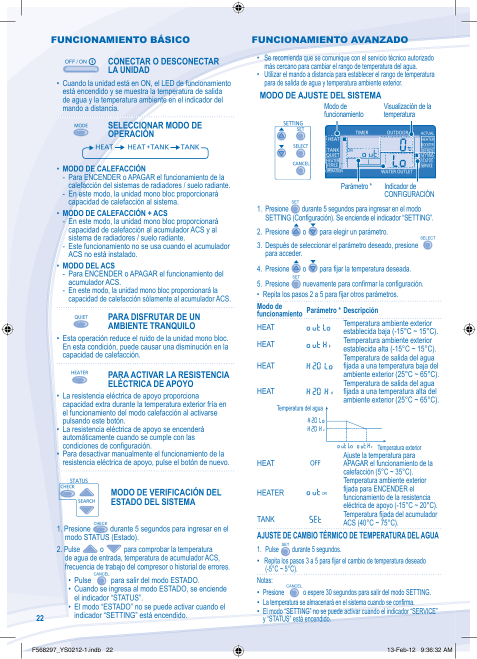 Funcionamiento básico, Conectar o desconectar la unidad, Seleccionar modo de operación | Para disfrutar de un ambiente tranquilo, Para activar la resistencia eléctrica de apoyo, Modo de verificación del estado del sistema, Modo de ajuste del sistema, Ajuste de cambio térmico de temperatura del agua, Funcionamiento avanzado | Panasonic WHMHF12D6E5 User Manual | Page 22 / 76
