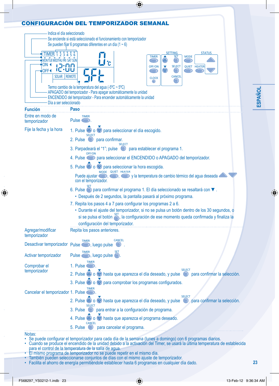 Esp añol, Configuración del temporizador semanal | Panasonic WHMHF12D6E5 User Manual | Page 23 / 76