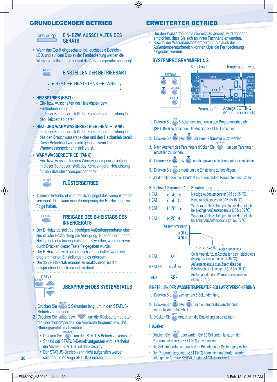 Grundlegender betrieb, Ein- bzw. ausschalten des geräts, Einstellen der betriebsart | Flüsterbetrieb, Freigabe des e-heistabs des innengeräts, Überprüfen des systemstatus, Systemprogrammierung, Erweiterter betrieb | Panasonic WHMHF12D6E5 User Manual | Page 30 / 76
