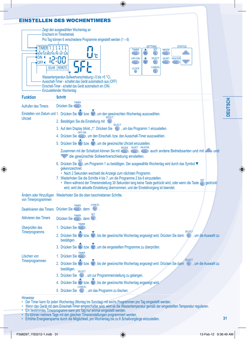 Deutsch, Funktion, Einstellen des wochentimers | Panasonic WHMHF12D6E5 User Manual | Page 31 / 76