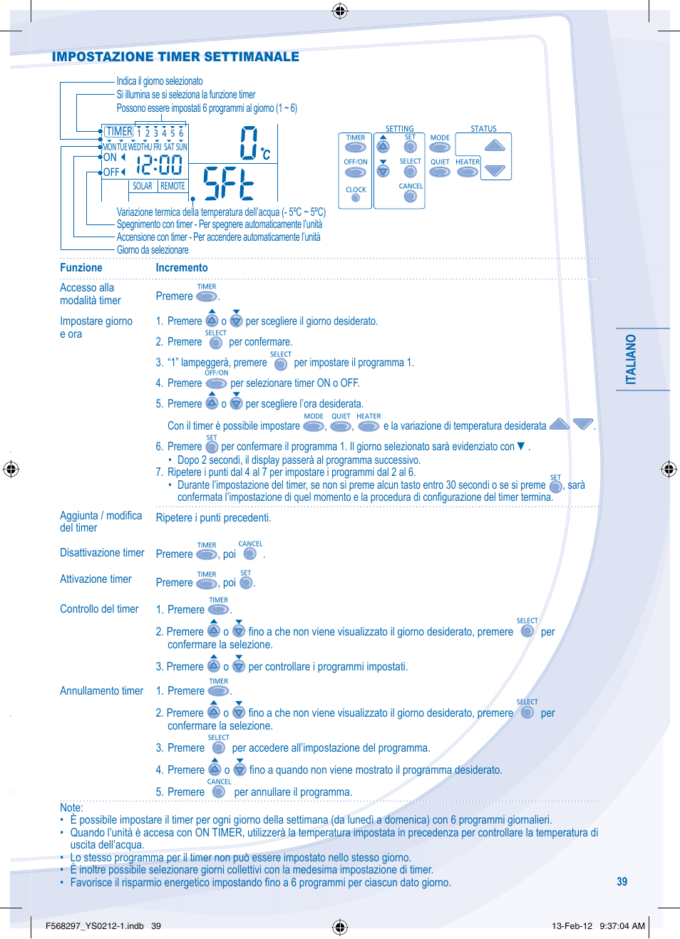 It aliano, Impostazione timer settimanale | Panasonic WHMHF12D6E5 User Manual | Page 39 / 76