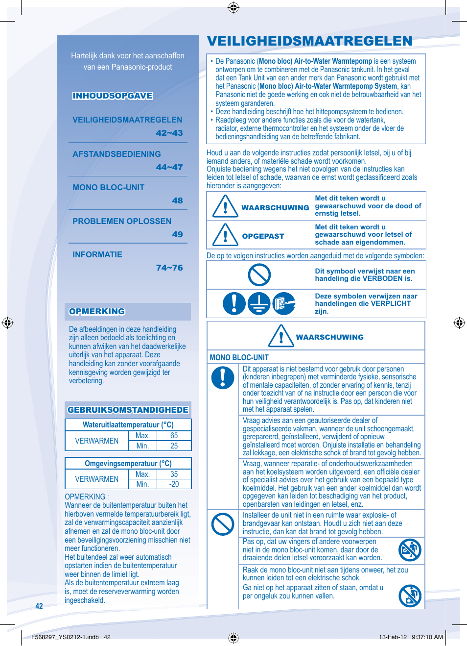 Veiligheidsmaatregelen | Panasonic WHMHF12D6E5 User Manual | Page 42 / 76