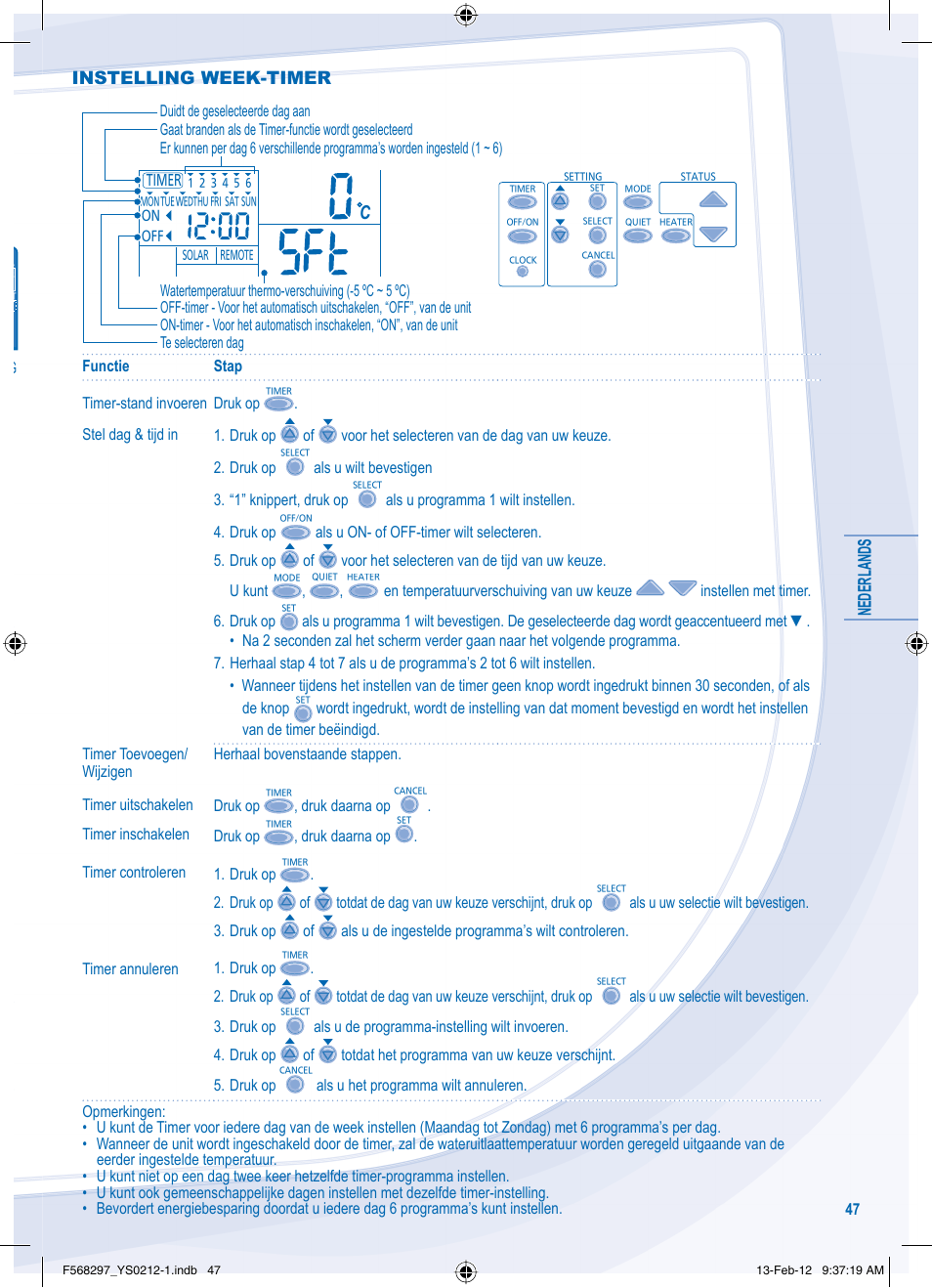 Nederlands, Instelling week-timer | Panasonic WHMHF12D6E5 User Manual | Page 47 / 76