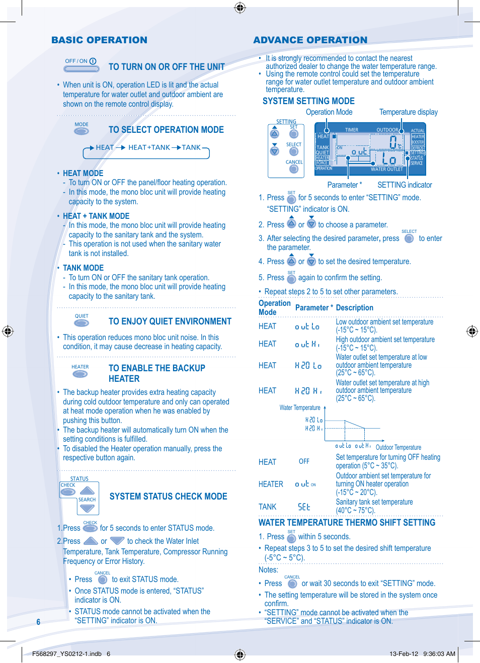 Basic operation, System status check mode, System setting mode | Water temperature thermo shift setting, Advance operation | Panasonic WHMHF12D6E5 User Manual | Page 6 / 76