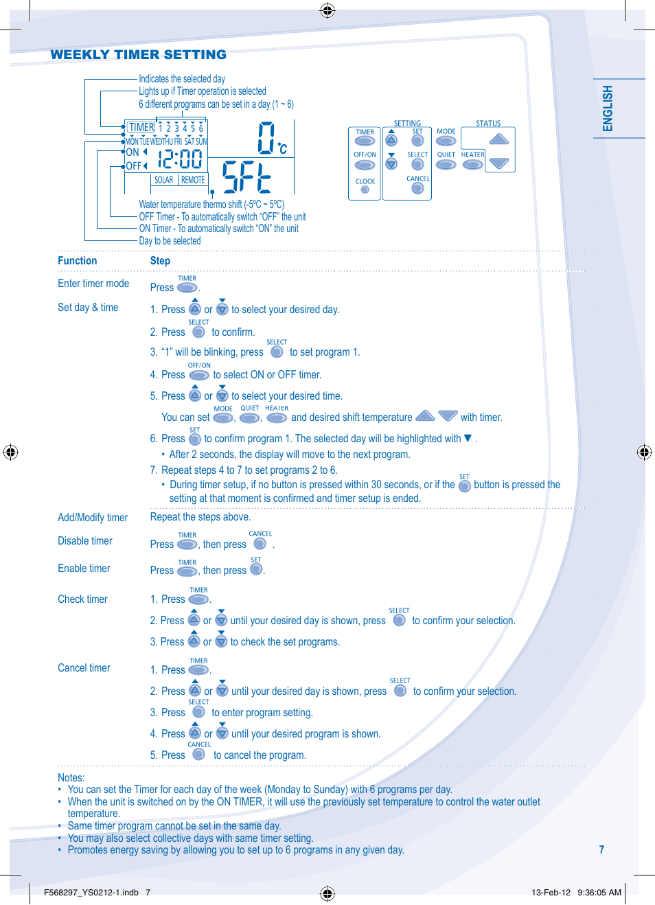 English, Weekly timer setting | Panasonic WHMHF12D6E5 User Manual | Page 7 / 76