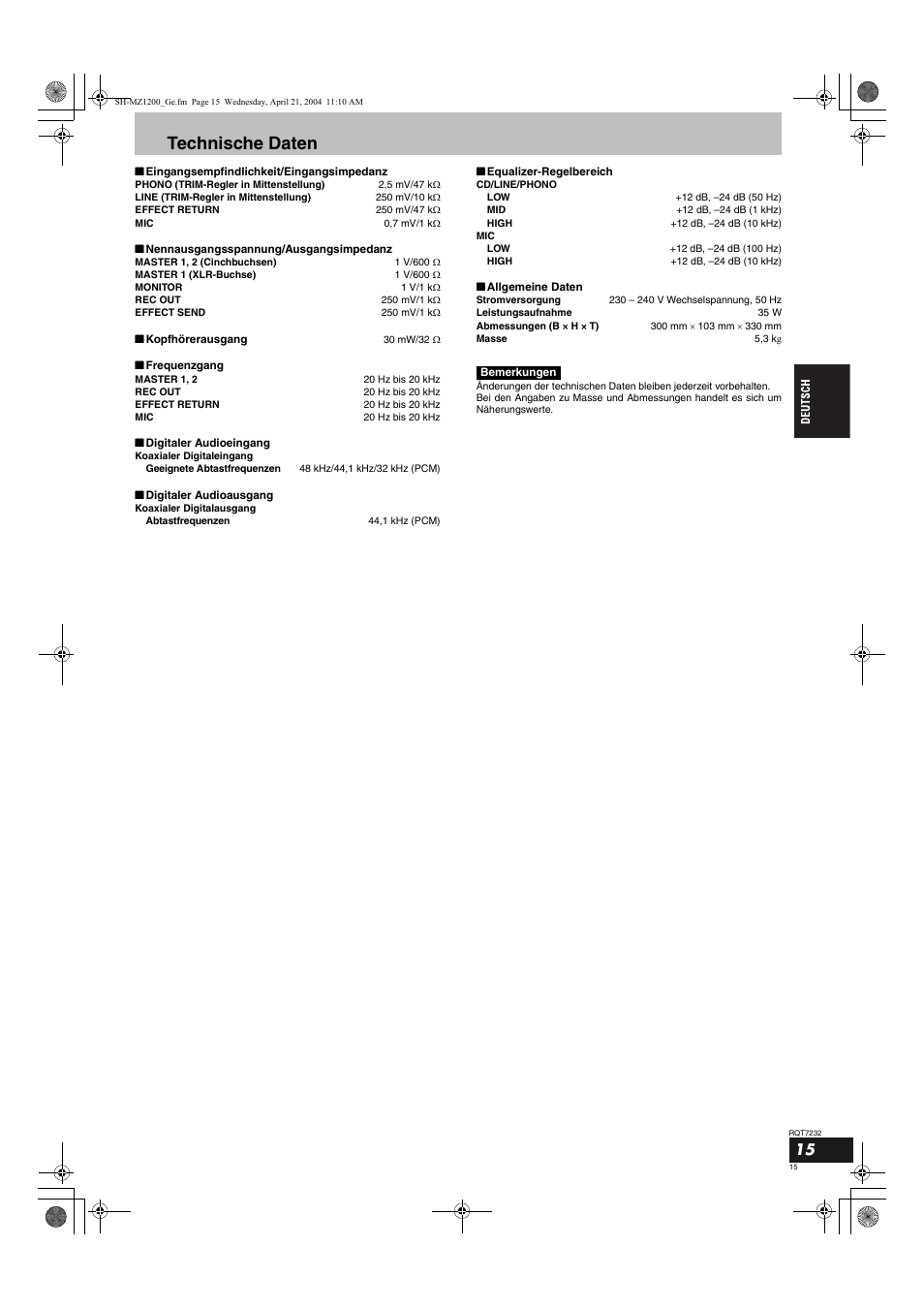 Technische daten | Panasonic SLMZ1200 User Manual | Page 15 / 100
