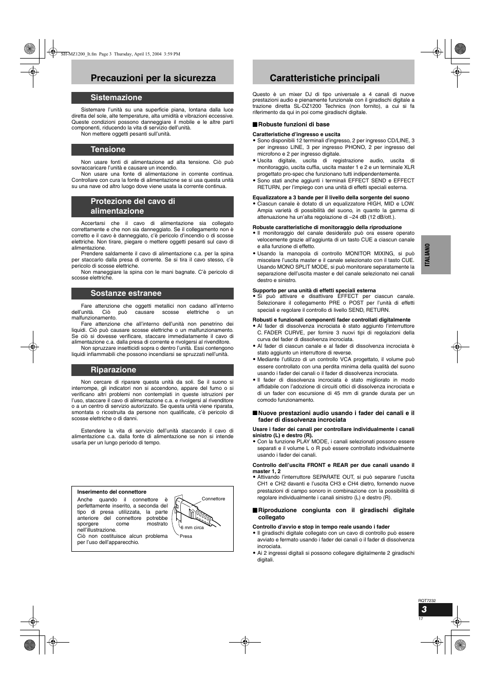 Precauzioni per la sicurezza, Caratteristiche principali | Panasonic SLMZ1200 User Manual | Page 17 / 100