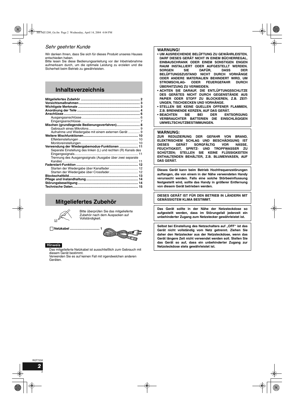 Inhaltsverzeichnis mitgeliefertes zubehör, Sehr geehrter kunde | Panasonic SLMZ1200 User Manual | Page 2 / 100