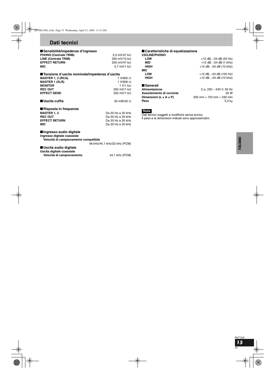 Dati tecnici | Panasonic SLMZ1200 User Manual | Page 29 / 100