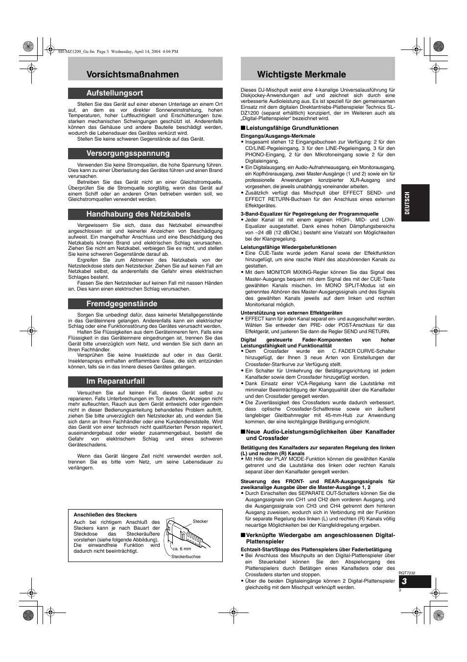 Vorsichtsmaßnahmen, Wichtigste merkmale | Panasonic SLMZ1200 User Manual | Page 3 / 100