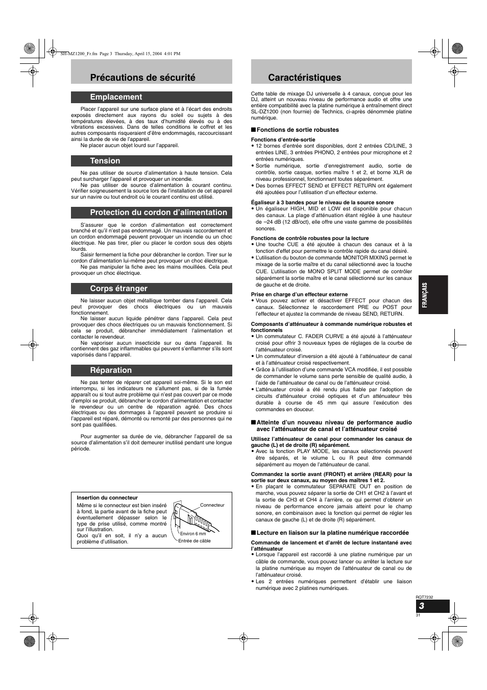 Précautions de sécurité, Caractéristiques | Panasonic SLMZ1200 User Manual | Page 31 / 100