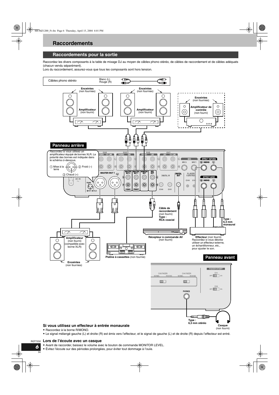 Raccordements, Raccordements pour la sortie, Panneau arrière | Panneau avant, Si vous utilisez un effecteur à entrée monaurale, Lors de l’écoute avec un casque | Panasonic SLMZ1200 User Manual | Page 34 / 100