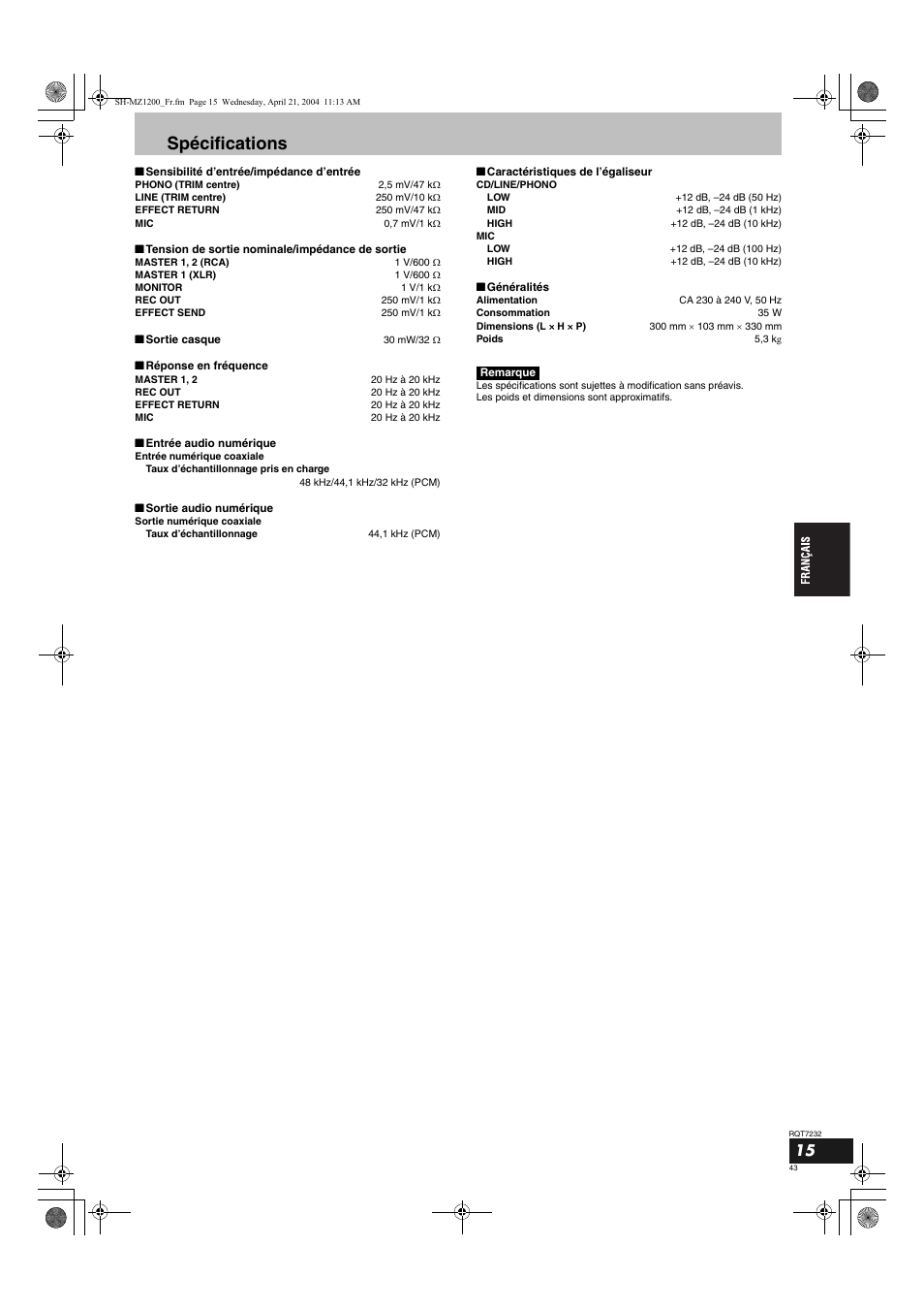 Spécifications | Panasonic SLMZ1200 User Manual | Page 43 / 100
