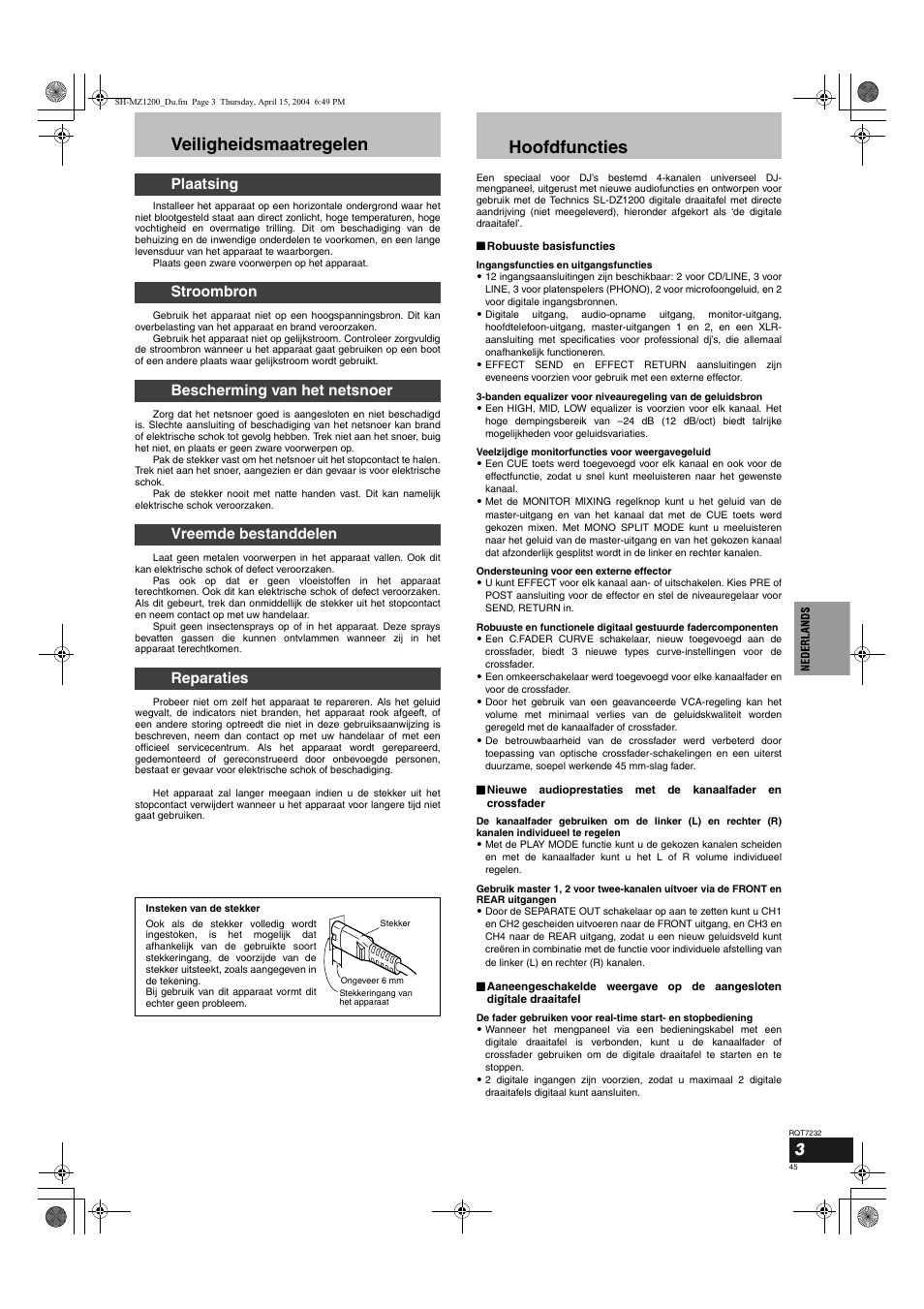 Veiligheidsmaatregelen, Hoofdfuncties | Panasonic SLMZ1200 User Manual | Page 45 / 100