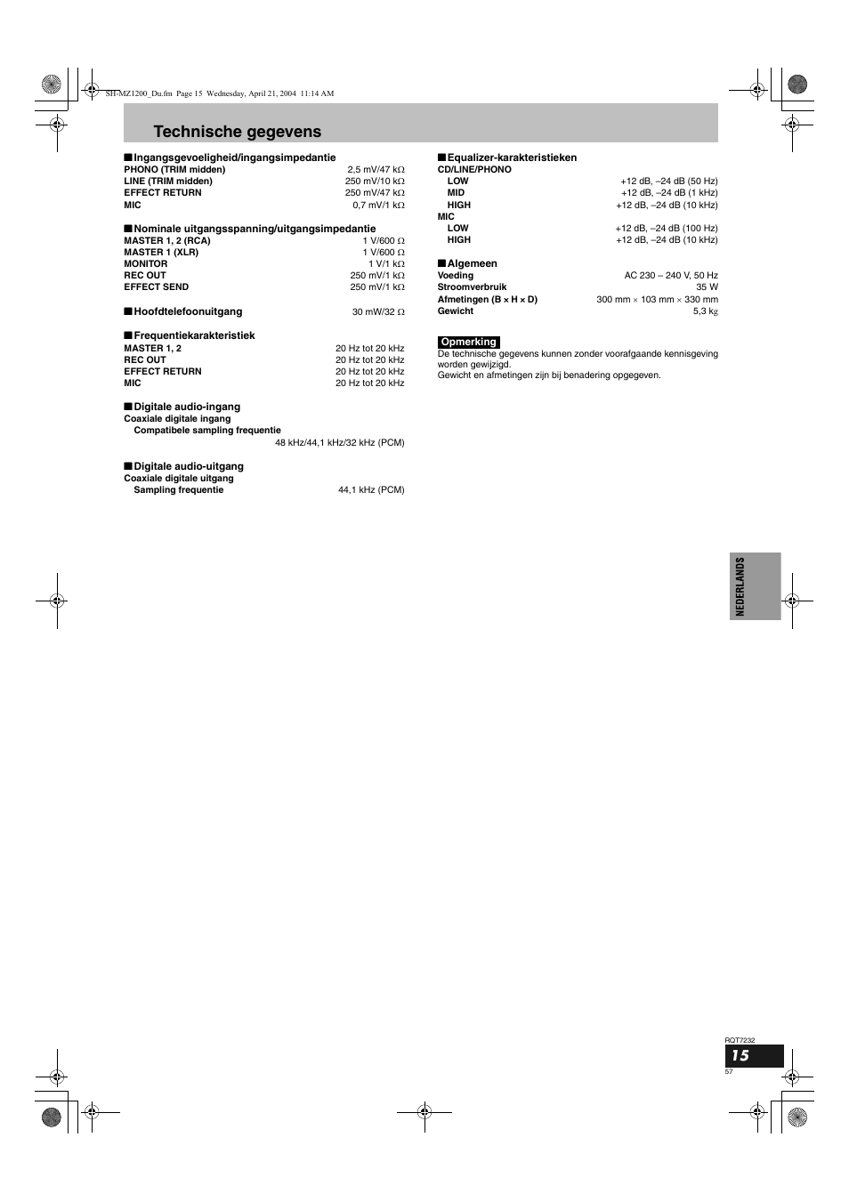 Technische gegevens | Panasonic SLMZ1200 User Manual | Page 57 / 100