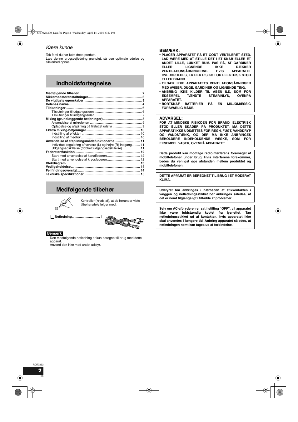 Indholdsfortegnelse medfølgende tilbehør, Kære kunde | Panasonic SLMZ1200 User Manual | Page 58 / 100