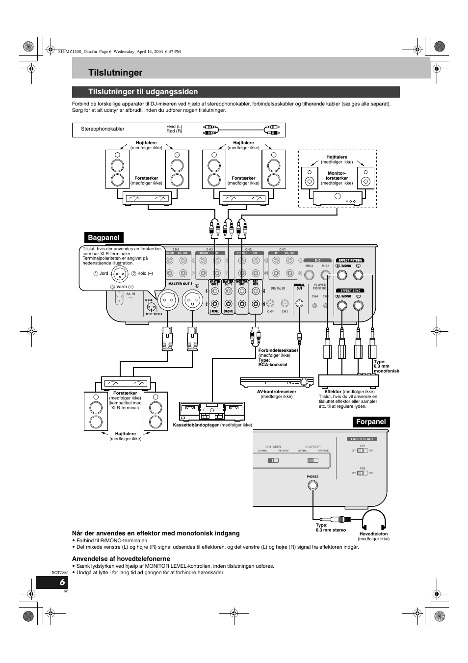 Tilslutninger, Tilslutninger til udgangssiden, Bagpanel | Forpanel, Anvendelse af hovedtelefonerne | Panasonic SLMZ1200 User Manual | Page 62 / 100