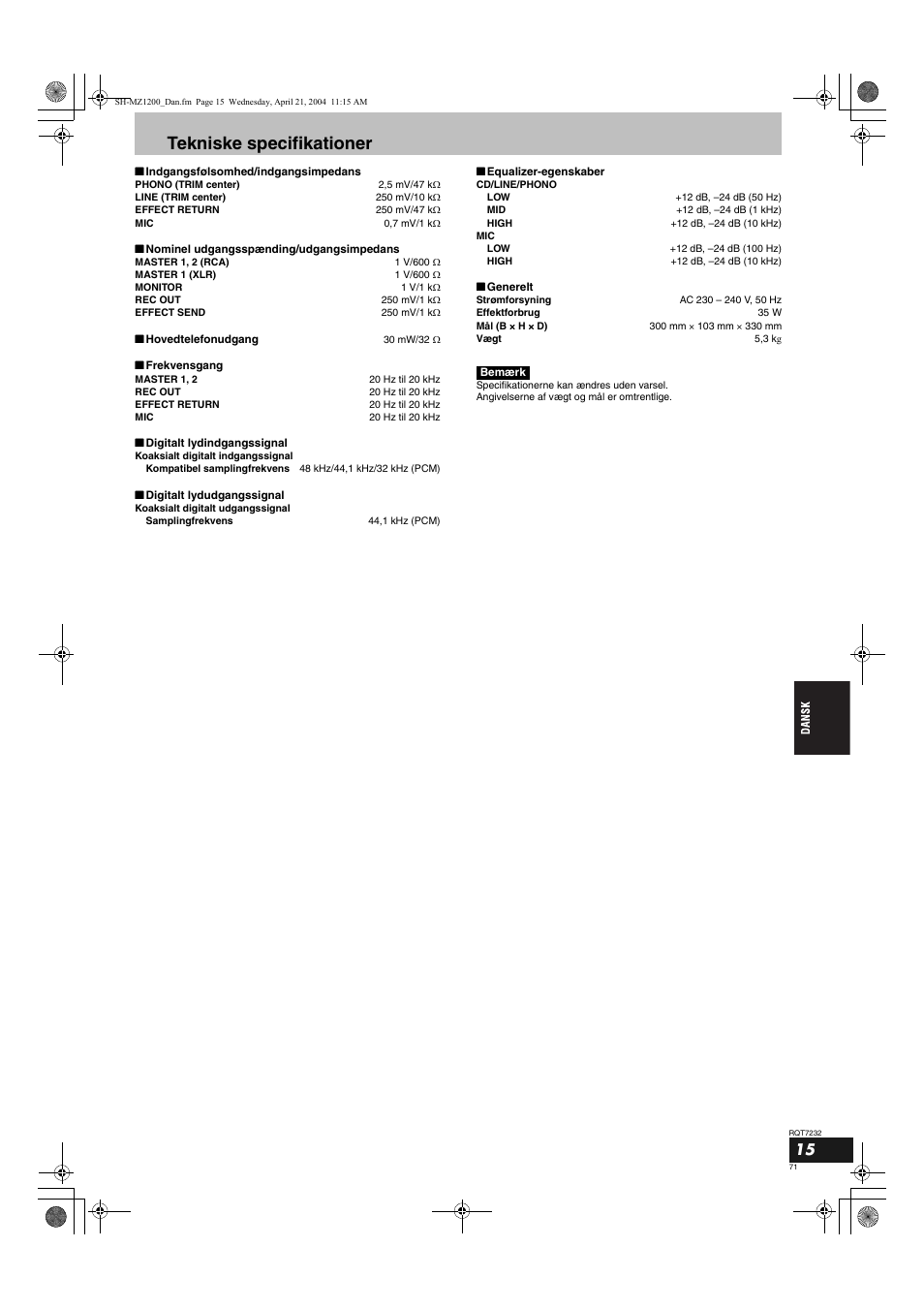 Tekniske specifikationer | Panasonic SLMZ1200 User Manual | Page 71 / 100