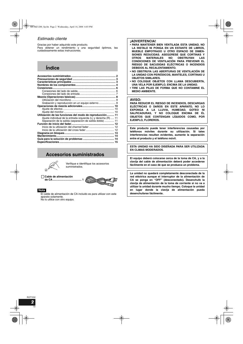 Índice accesorios suministrados, Estimado cliente | Panasonic SLMZ1200 User Manual | Page 72 / 100